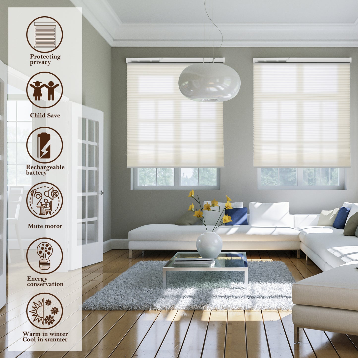 ZSHINE Motorized Light Filtering Thermal Insulation Cellular Shades