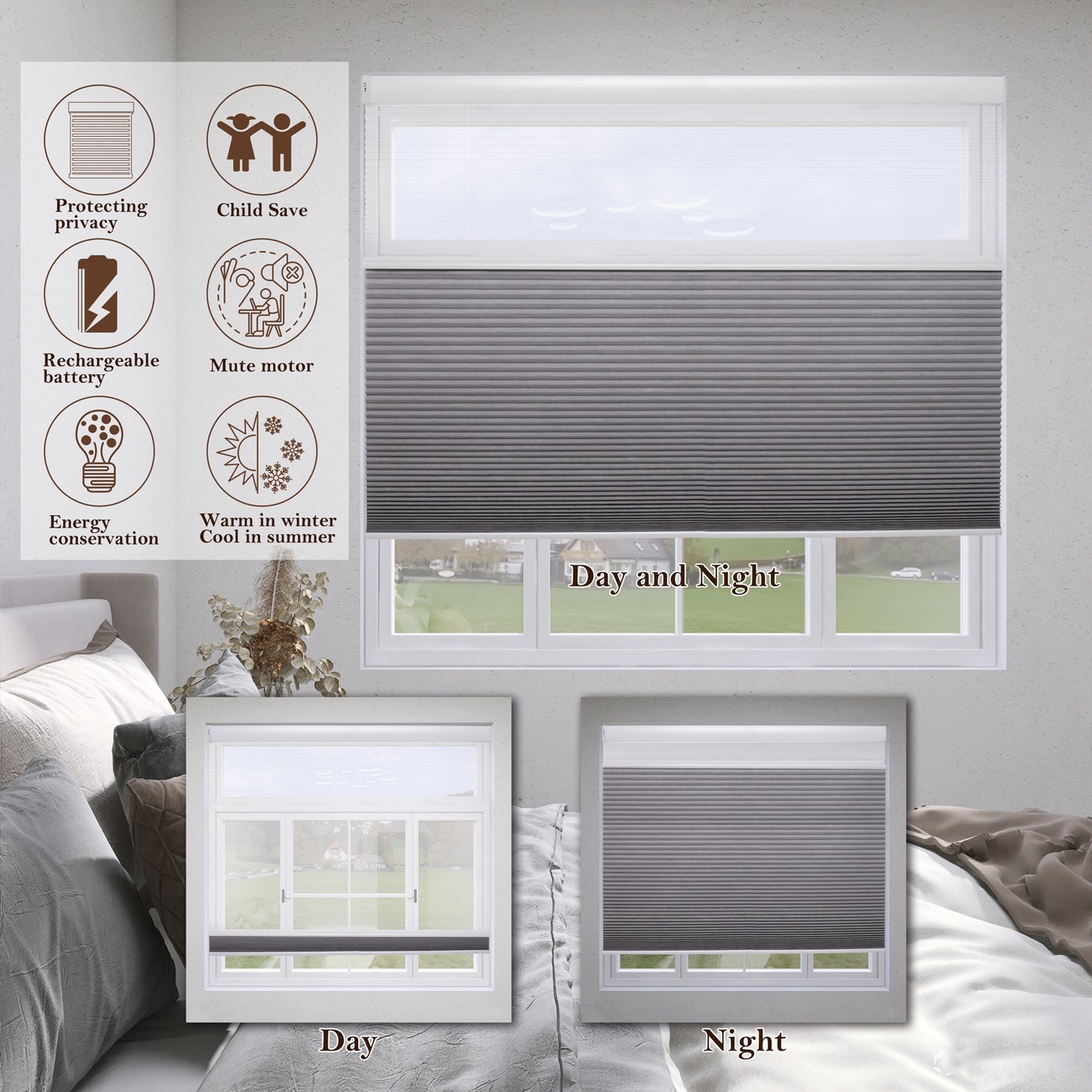 ZSHINE WiFi Enabled Rechargeable Motorized Day and Night Thermal Insulation Cellular Shades