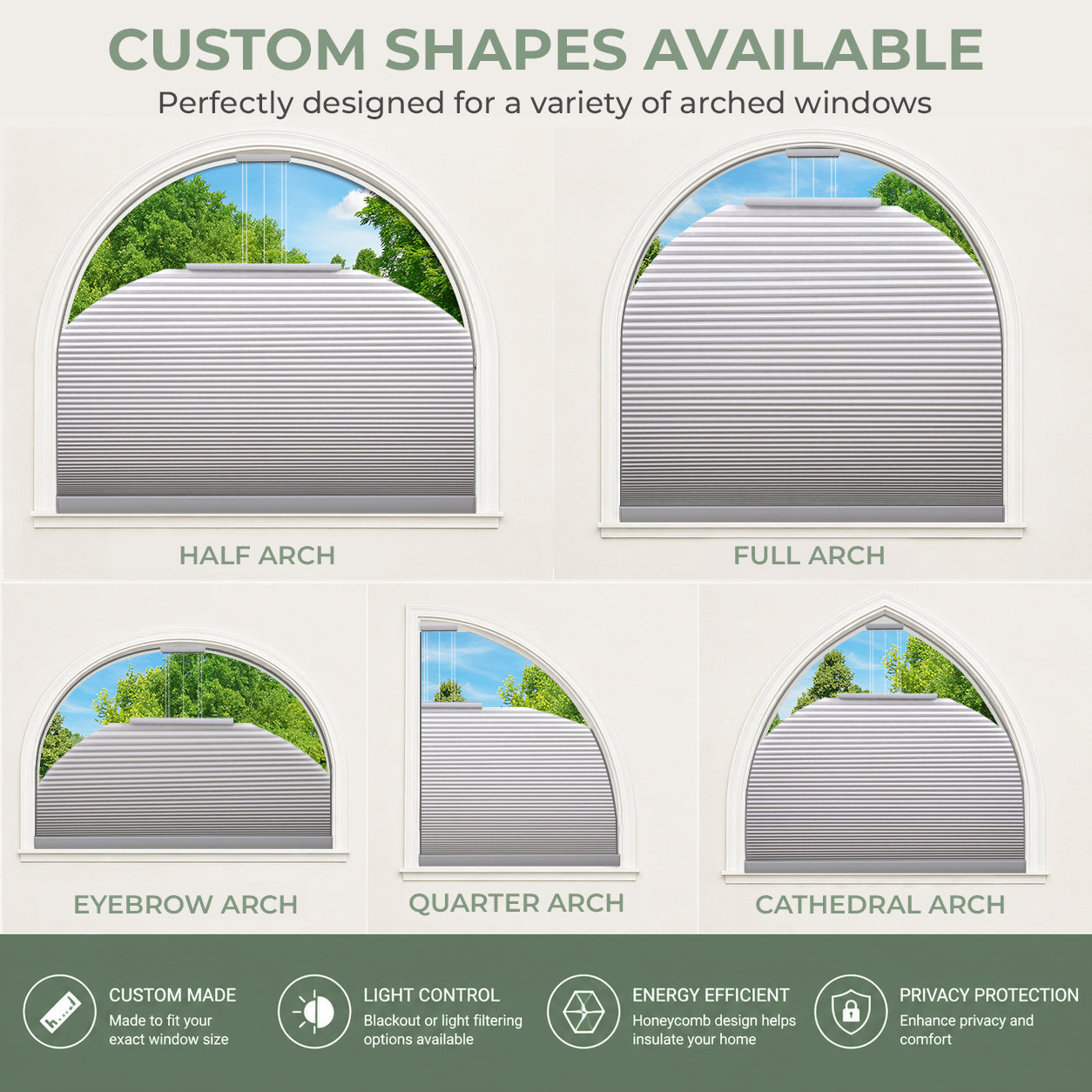 ZSHINE Rechargeable Motorized Custom Blackout Half Round Arch Honeycomb Blinds