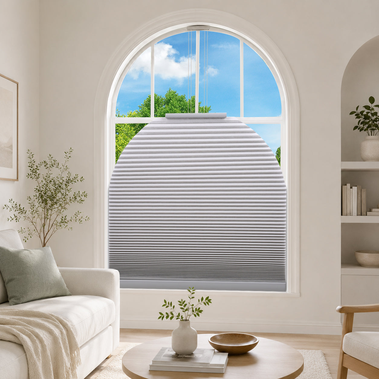ZSHINE Rechargeable Motorized Custom Blackout Half Round Arch Honeycomb Blinds
