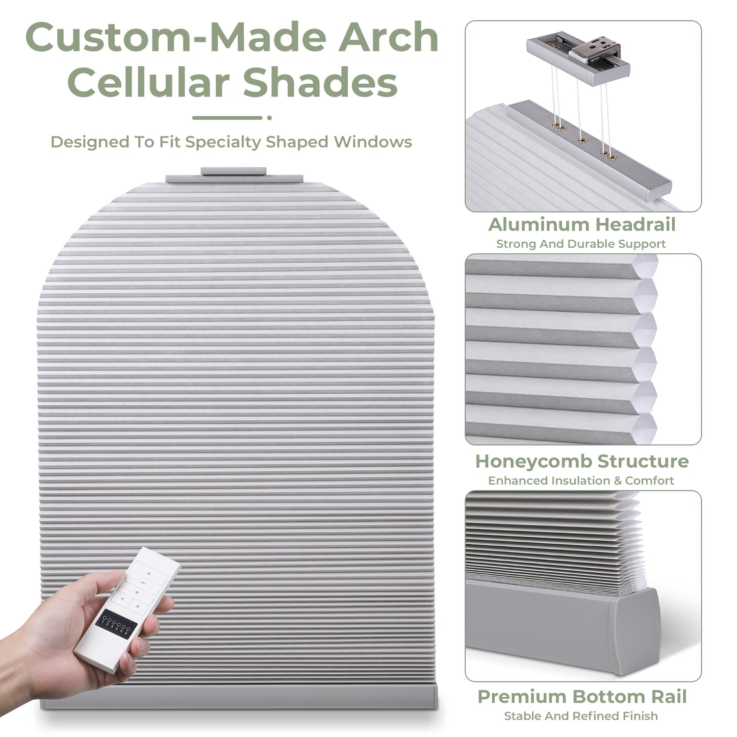 ZSHINE Rechargeable Motorized Custom Blackout Half Round Arch Honeycomb Blinds